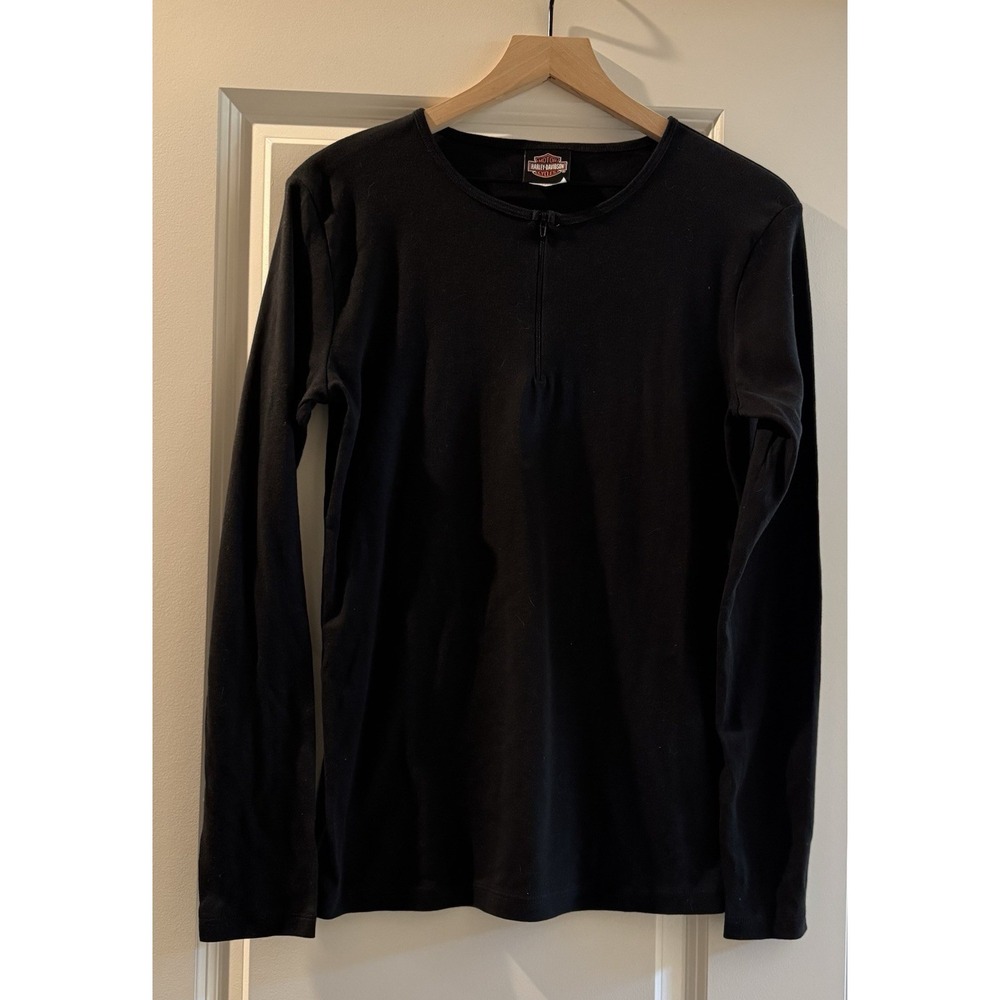 Harley Davidson Womens Large Black Zip Neck Long Sleeve Cotton Top Biker